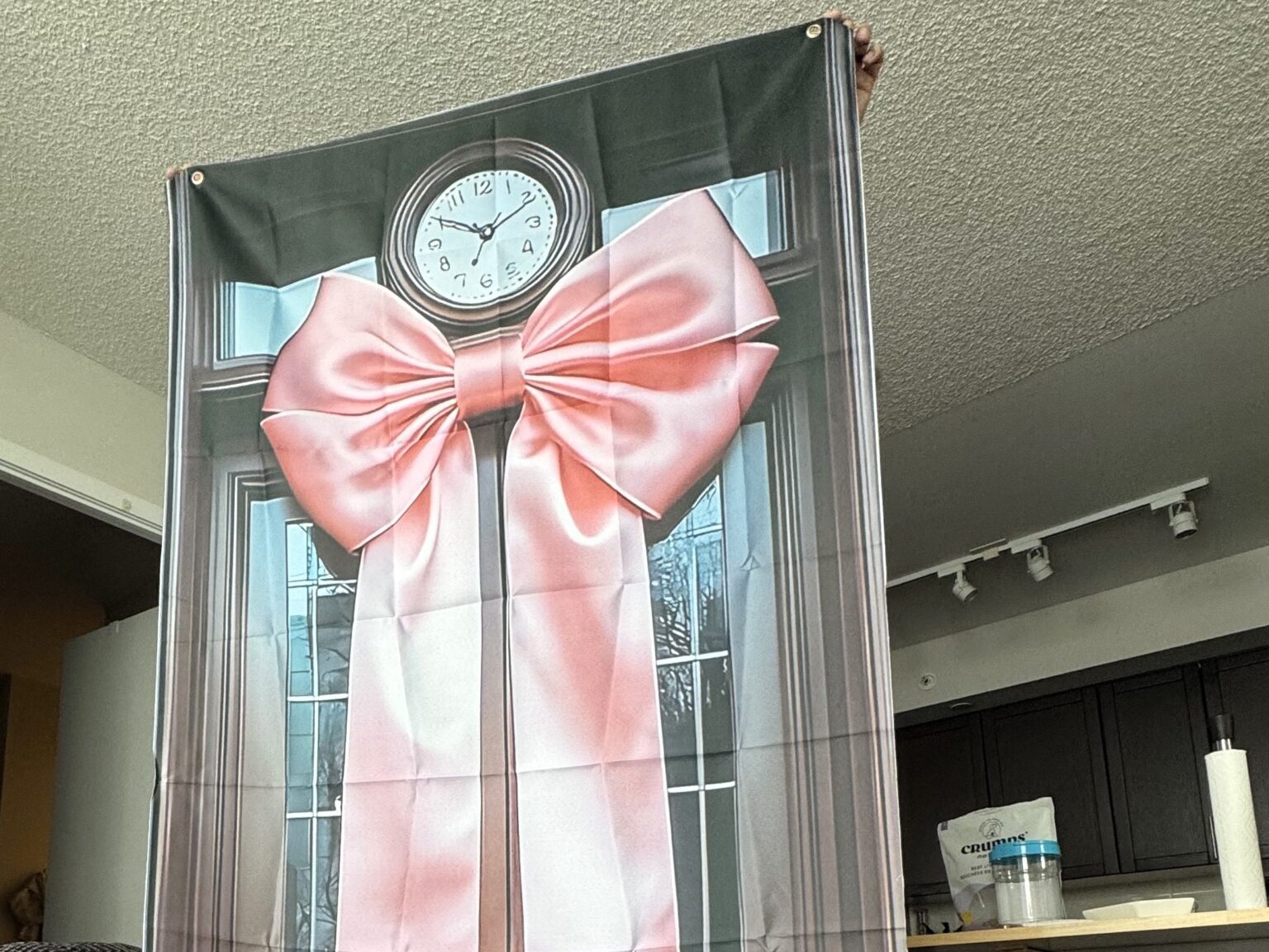 Mum left baffled after Temu baby shower order turns out to be a flat polyester sheet printed with a door and bow instead of the 3D decoration she expected for $9.63.