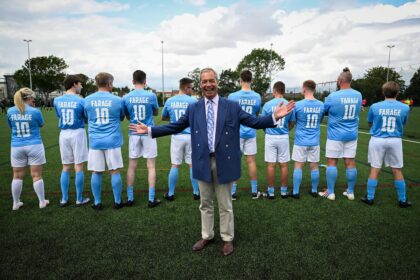 Nigel Farage branded Reform UK football shirts sell fast at £39.99 with XXL and XXXL sizes gone in 24 hours. The Made in Britain tops fund the political party.