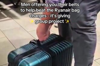 Passengers rallied to help a woman avoid a £75 Ryanair cabin bag fee by strapping it with belts, but staff refused to budge and made her pay before allowing her to board.