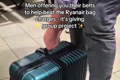 Passengers rallied to help a woman avoid a £75 Ryanair cabin bag fee by strapping it with belts, but staff refused to budge and made her pay before allowing her to board.