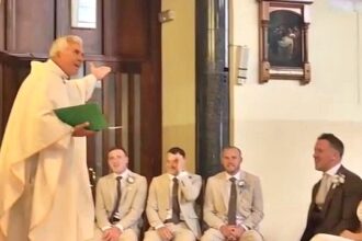 Irish priest stuns wedding guests by swapping hymns for Oasis hit Wonderwall at Mount Temple Church in Westmeath as viral video hails him a legend with 300k views.