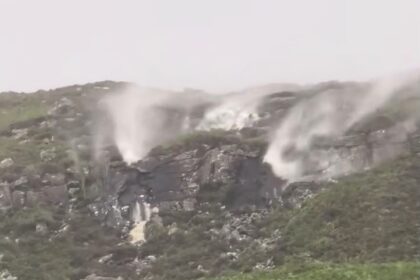 A waterfall in the Highlands of Scotland appeared to flow uphill due to powerful winds from Storm Floris, creating a stunning "waterup" effect in Wester Ross. Locals were amazed by the unusual sight.
