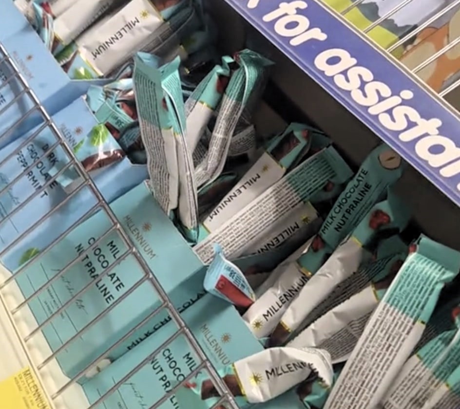 A shopper claims chocolate bars melted on shelves at a Doncaster B&M during the 32C UK heatwave, with warm milk and liquefied lip balm adding to the sweltering scene.