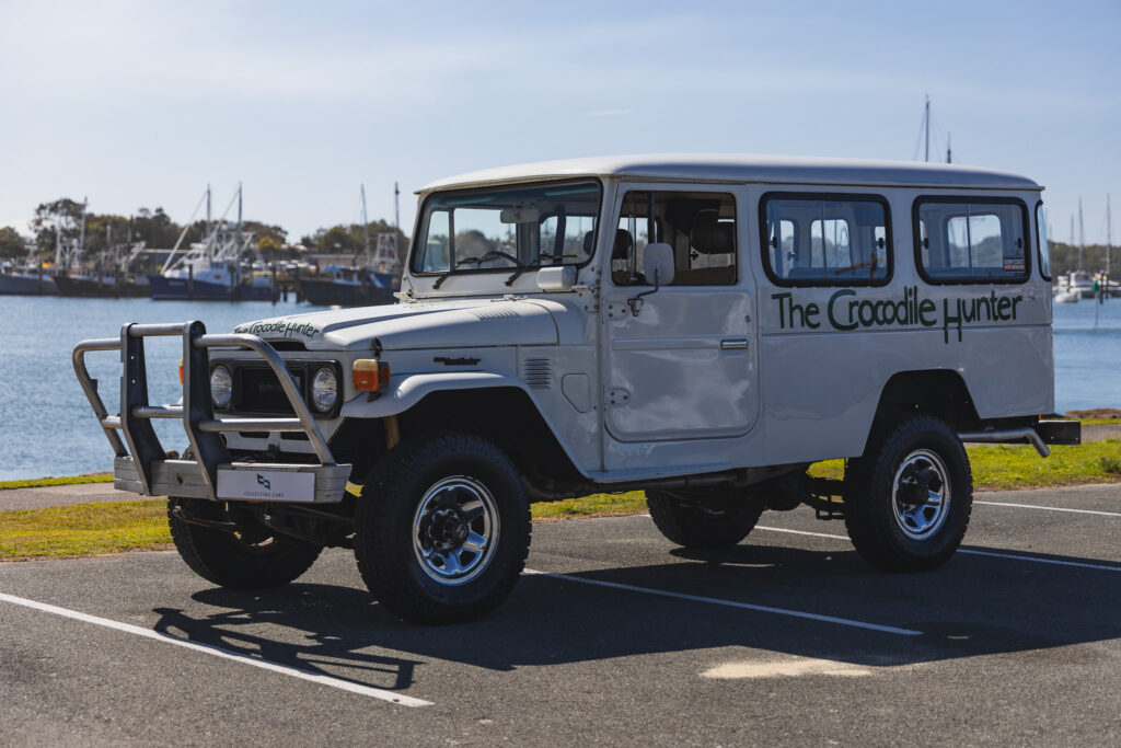 Steve Irwin’s old Toyota Land Cruiser, used at Australia Zoo and adorned with Crocodile Hunter branding, is up for auction after major refurbishments and 258k miles.