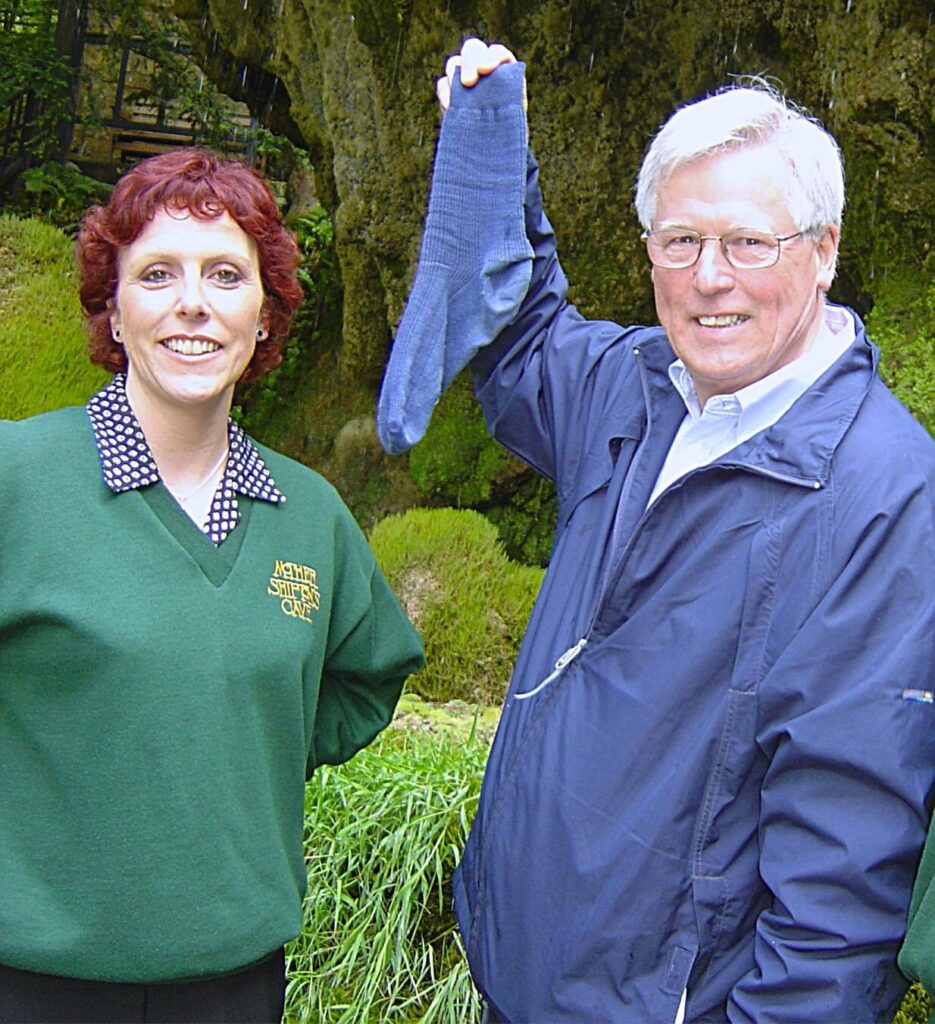 John Craven revisits Mother Shipton’s Cave to see his sock petrified after 20 years - now on display among celebrity items at the historic Knaresborough attraction.