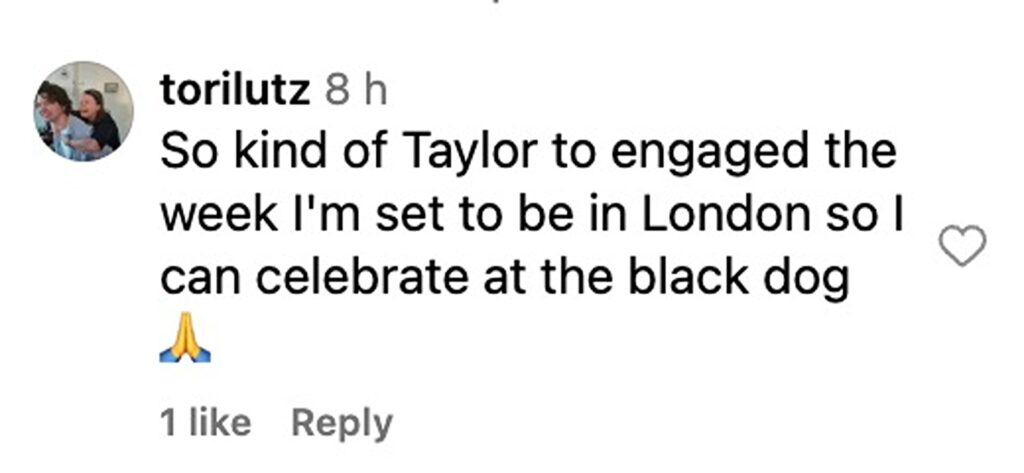 Social media comment on the post of taylor Swift fans can toast her engagement with free bubbly at The Black Dog pub in Vauxhall London - the bar named on her album is offering drinks for Swifties.