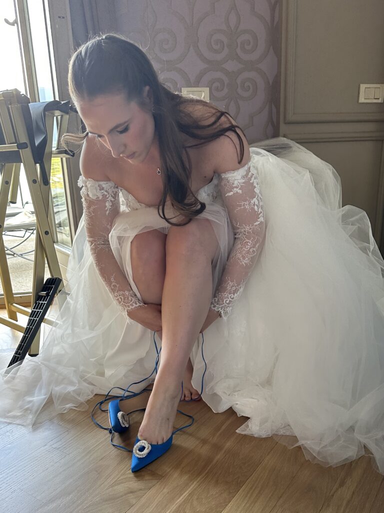 Thrifty bride saves thousands on her dream double wedding by shopping second hand on Vinted - from Jimmy Choo heels to a Tom Ford tux - proving style can be sustainable.