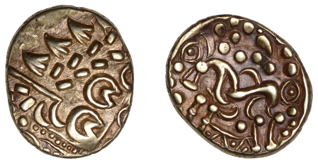 Amateur metal detectorist unearths Iron Age gold hoard in Derbyshire - five Celtic coins dating back 2,000 years sell for £6,500 at auction after rare Corieltauvi find.