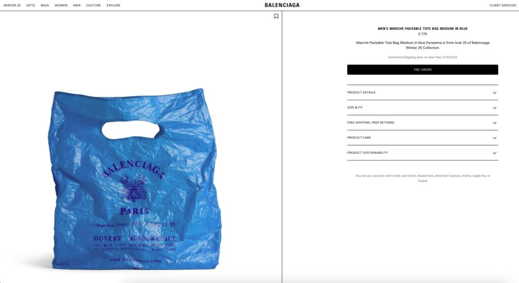 Balenciaga launches a £220 AI generated silk scarf in its Winter 25 range, sparking debate after earlier controversy over a £775 plastic style tote bag.