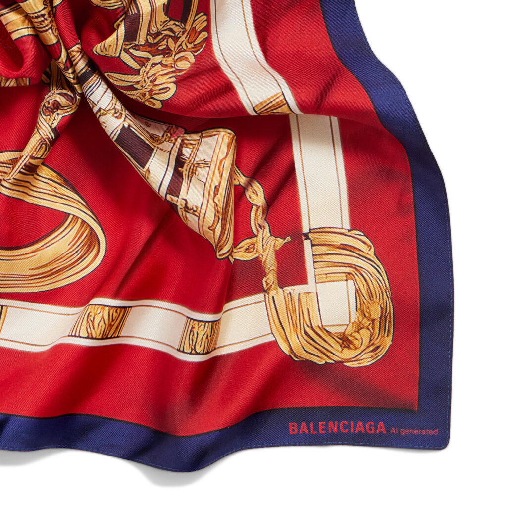Balenciaga launches a £220 AI generated silk scarf in its Winter 25 range, sparking debate after earlier controversy over a £775 plastic style tote bag.
