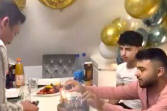 A birthday party in Germany descended into chaos when fireworks exploded indoors, sending guests screaming and one man hiding under a table in a viral viral clip.