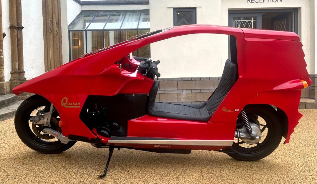 The rare Quasar motorbike car hybrid from 1980, one of just 21 built with a Suzuki GS 850 engine, heads to auction with estimates of £6,000 to £7,000 for collectors.