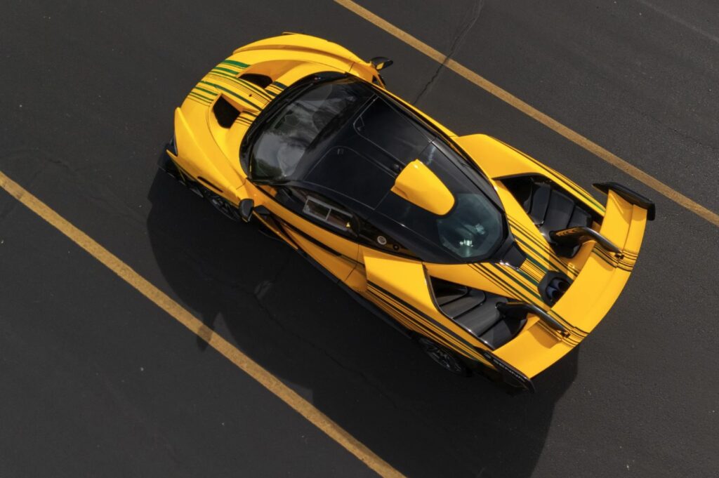 A custom McLaren Senna GTR in Ayrton Senna’s iconic yellow and green livery is up for auction at £595,000, boasting 814hp, 210mph speed and just 543 miles.