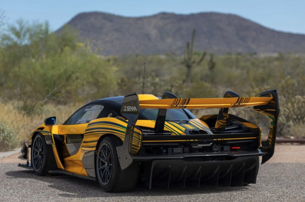 A custom McLaren Senna GTR in Ayrton Senna’s iconic yellow and green livery is up for auction at £595,000, boasting 814hp, 210mph speed and just 543 miles.