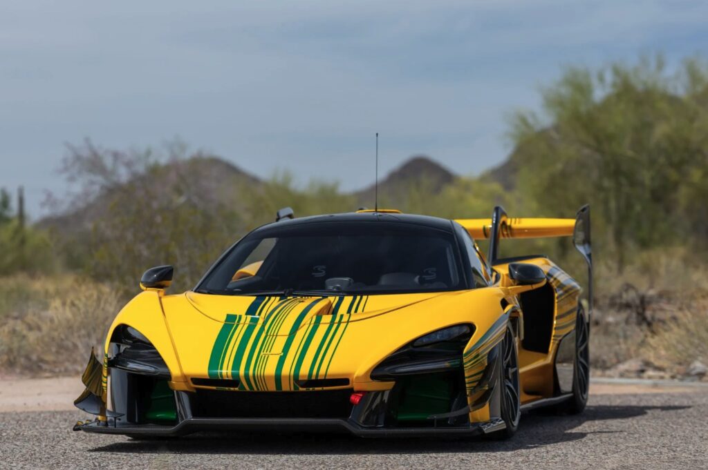 A custom McLaren Senna GTR in Ayrton Senna’s iconic yellow and green livery is up for auction at £595,000, boasting 814hp, 210mph speed and just 543 miles.