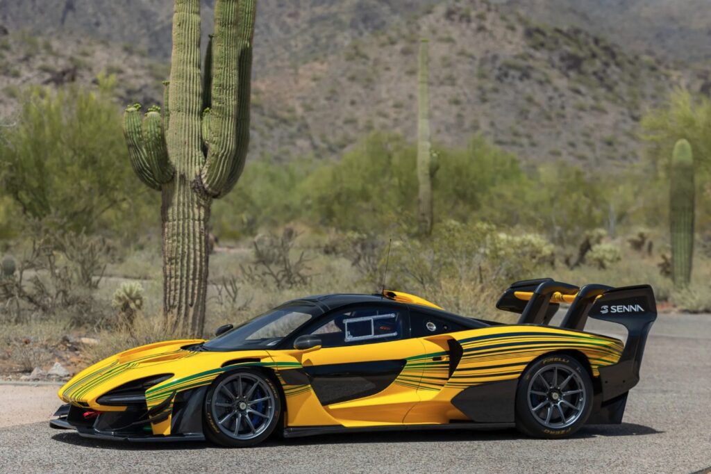 A custom McLaren Senna GTR in Ayrton Senna’s iconic yellow and green livery is up for auction at £595,000, boasting 814hp, 210mph speed and just 543 miles.