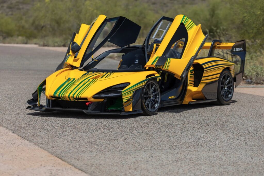 A custom McLaren Senna GTR in Ayrton Senna’s iconic yellow and green livery is up for auction at £595,000, boasting 814hp, 210mph speed and just 543 miles.