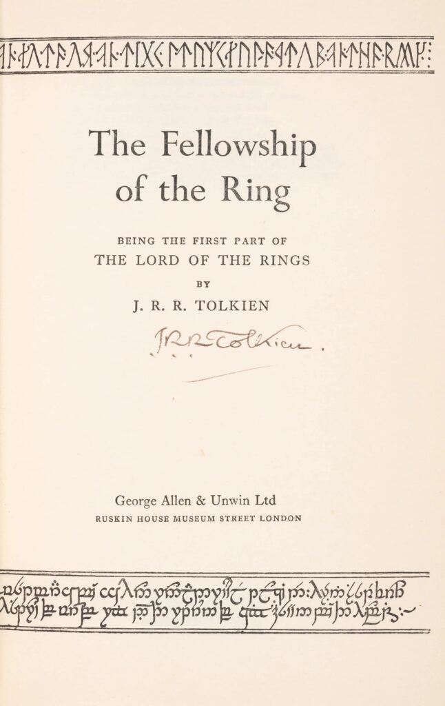 A rare Tolkien signed Return of the King inscribed in Elvish script is set for auction in London with estimates up to £15,000, a unique piece of literary history.