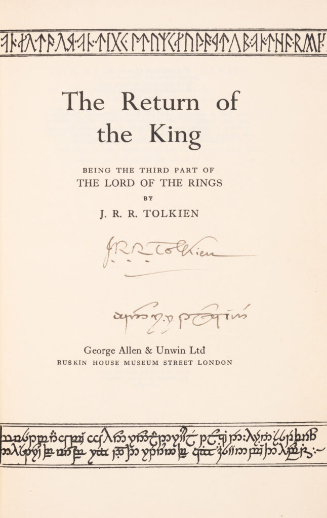 A rare Tolkien signed Return of the King inscribed in Elvish script is set for auction in London with estimates up to £15,000, a unique piece of literary history.