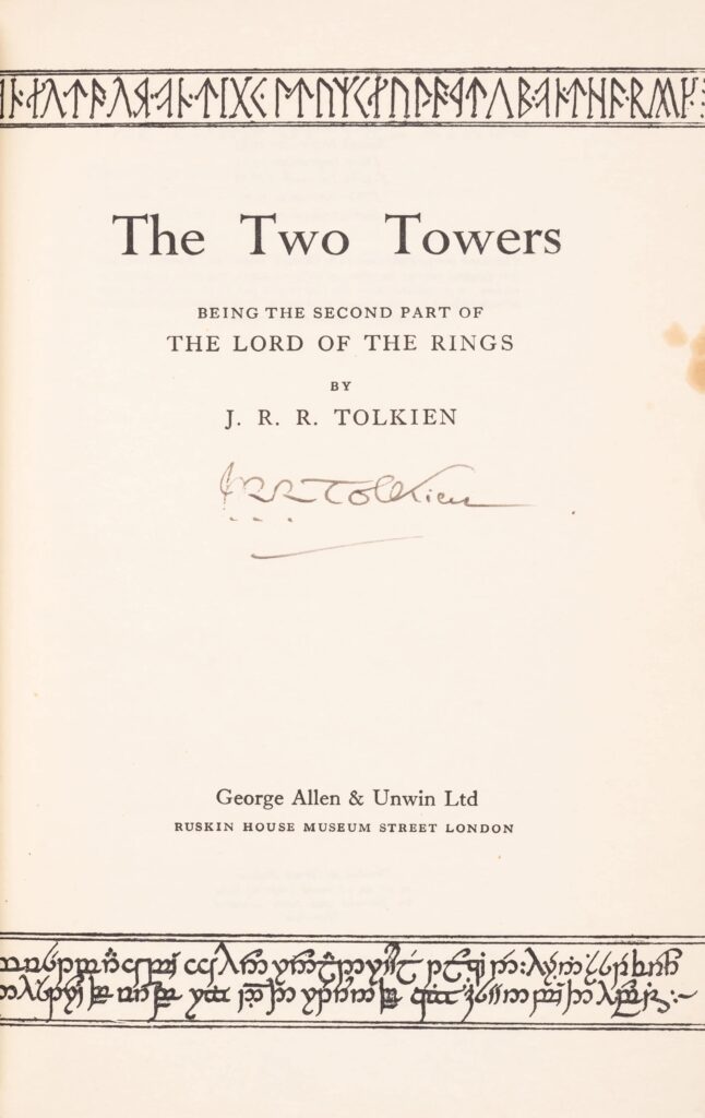 A rare Tolkien signed Return of the King inscribed in Elvish script is set for auction in London with estimates up to £15,000, a unique piece of literary history.