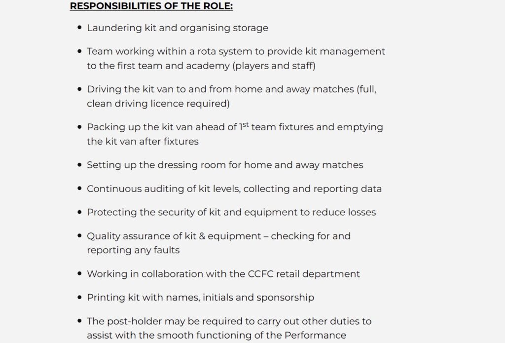Coventry City post job ad for First Team Kit and Laundry Assistant - role includes driving kit van, setting up dressing rooms and washing players kits on matchdays.