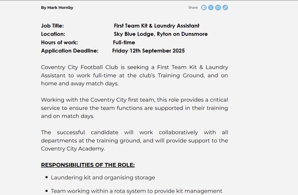 Coventry City post job ad for First Team Kit and Laundry Assistant - role includes driving kit van, setting up dressing rooms and washing players kits on matchdays.