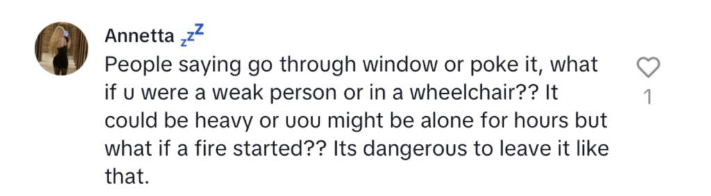 Social media comment on the post of A woman was left trapped in her home after a courier wedged a large Amazon parcel under her front door handle, forcing her to climb out a window to escape the bizarre blunder.