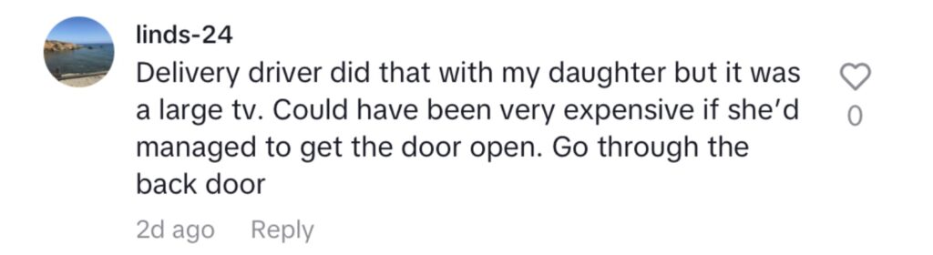 Social media comment on the post of A woman was left trapped in her home after a courier wedged a large Amazon parcel under her front door handle, forcing her to climb out a window to escape the bizarre blunder.