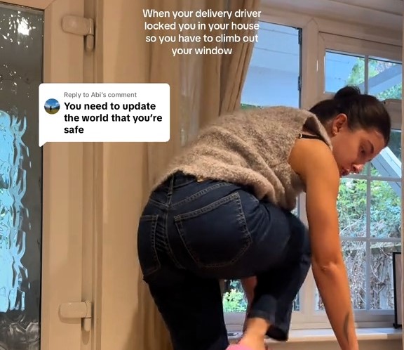 A woman was left trapped in her home after a courier wedged a large Amazon parcel under her front door handle, forcing her to climb out a window to escape the bizarre blunder.