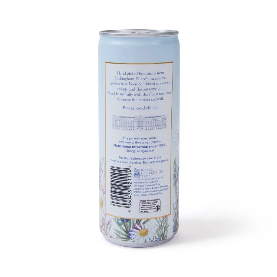 Buckingham Palace launches a £8 gin and tonic in a tin made with botanicals from royal gardens, offering a crisp elegant flavor in a stylish can perfect for picnics.