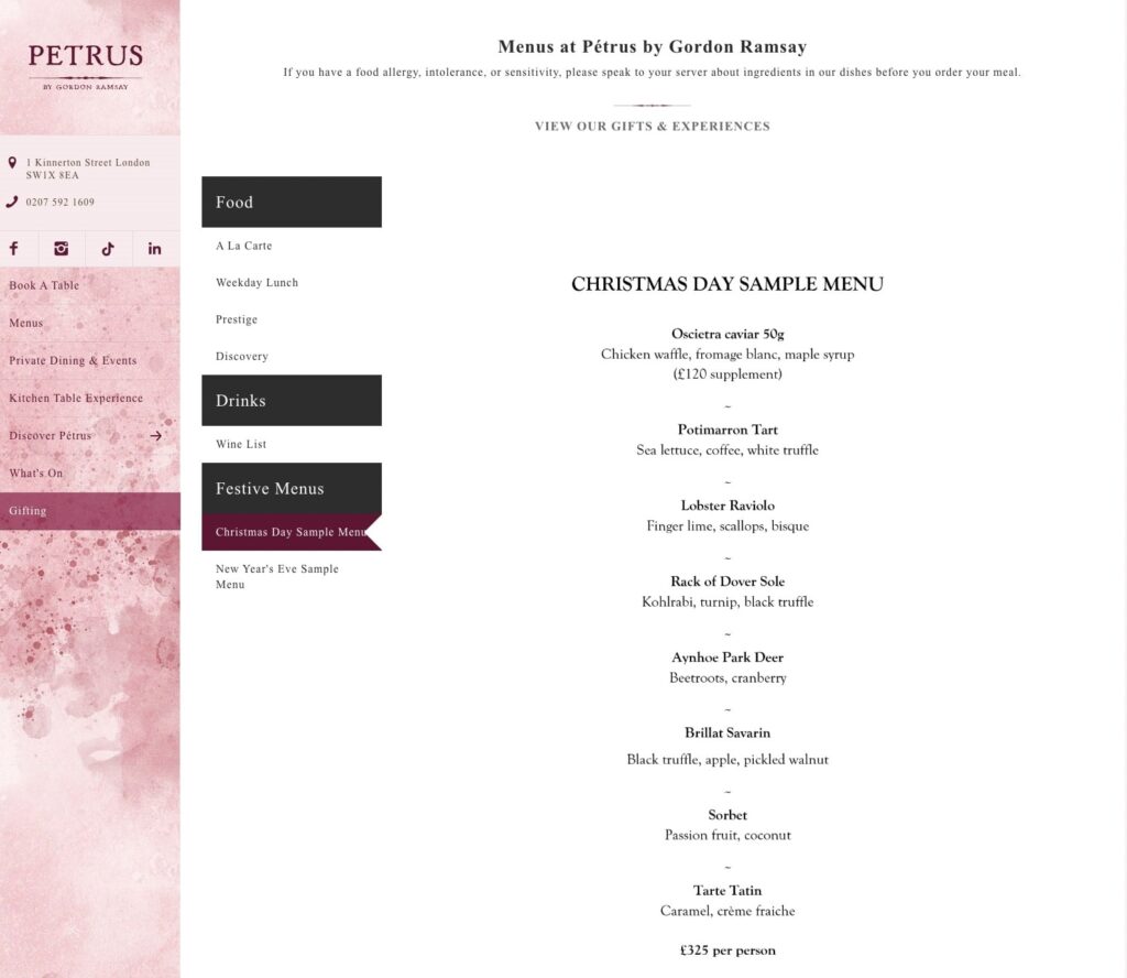 Gordon Ramsay is charging £325 for a seven course Christmas Day meal at Pétrus in Belgravia - but with no turkey, the final bill with service can hit nearly £483.