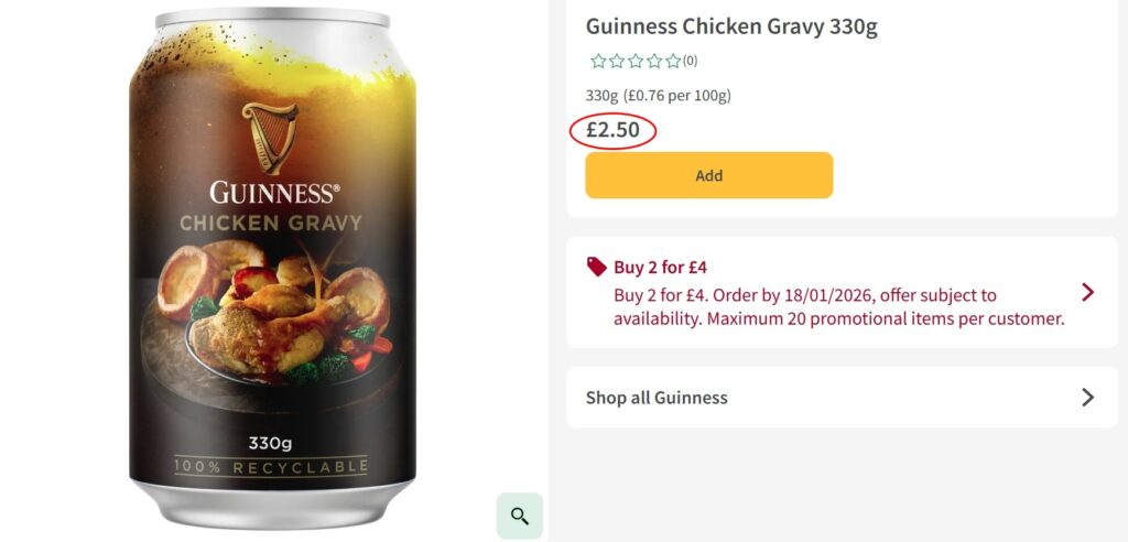 Guinness flavoured gravy in beef and chicken hits shelves at £2.50 a can with recyclable beer style packaging and a boozy twist that requires shoppers to show ID.