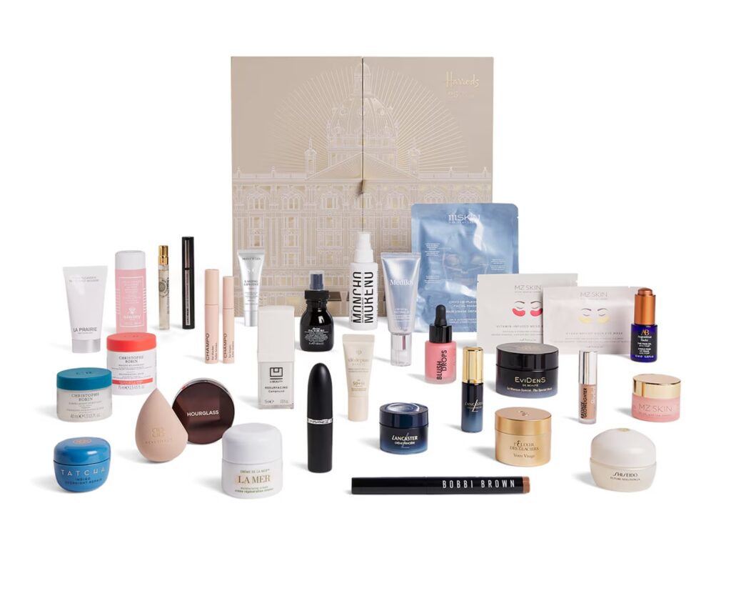 Harrods launches luxury Christmas range in August with £1579 LED tree, £999 velvet skirt, £521 glass ornament and £250 beauty advent calendar featuring top brands.