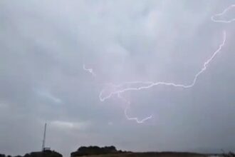 Tristan Northway narrowly avoided disaster when a huge lightning bolt struck just yards from him at Berry Head in Brixham, Devon - capturing the dramatic moment on video.