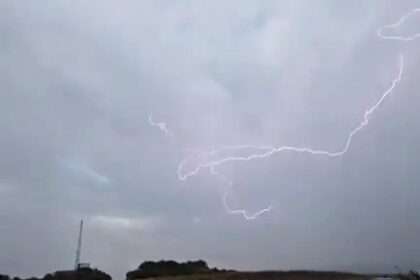 Tristan Northway narrowly avoided disaster when a huge lightning bolt struck just yards from him at Berry Head in Brixham, Devon - capturing the dramatic moment on video.