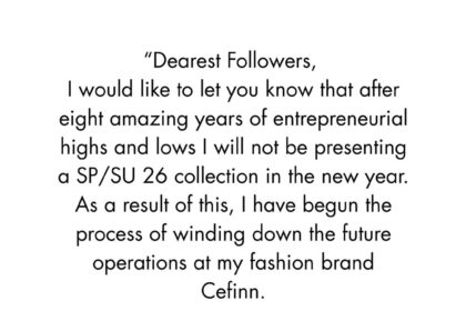 Samantha Cameron’s fashion brand Cefinn closes after eight years with a final sale offering up to 40 percent off dresses, tops and blazers as operations wind down.