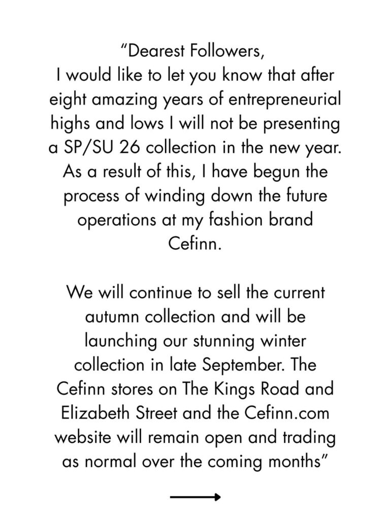 Samantha Cameron’s fashion brand Cefinn closes after eight years with a final sale offering up to 40 percent off dresses, tops and blazers as operations wind down.