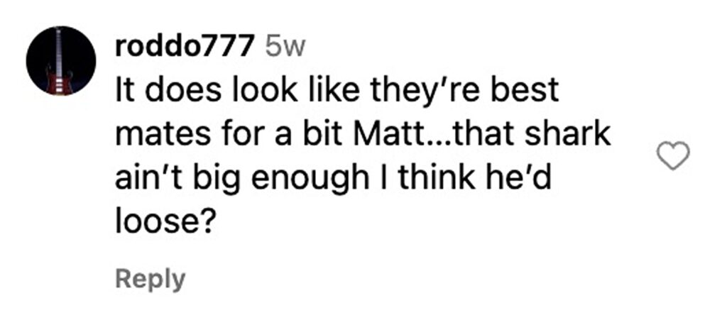 Social media comment on the post of Aussie wildlife star Matt Wright stuns fans after filming a shark and crocodile calmly swimming side by side with viewers joking the unlikely duo are in a committed relationship.