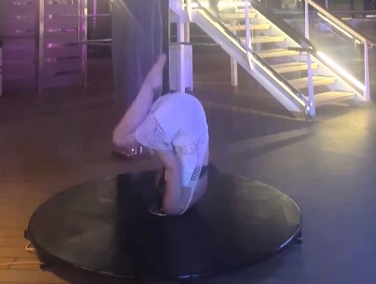 Circus performer Marylee Whitlock, 28, stunned cruise guests after slipping from a pole stunt and crashing to the floor – but escaped serious injury thanks to her training.
