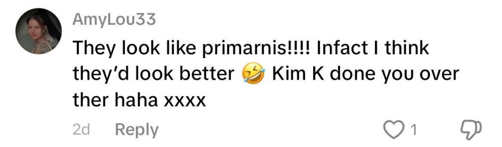 Social media comment on the post of Rapper Sophie Aspin slams Kim Kardashian’s £94 SKIMS joggers saying they give her a granny bottom as fans joke the baggy fit is made for people with BBLs.