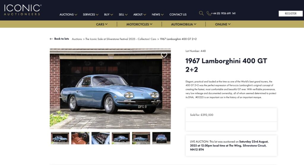 A rare 1967 Lamborghini 400 GT 2+2, hailed as one of the most beautiful ever made, has sold for £292,500, boasting V12 power, low mileage and exceptional originality.