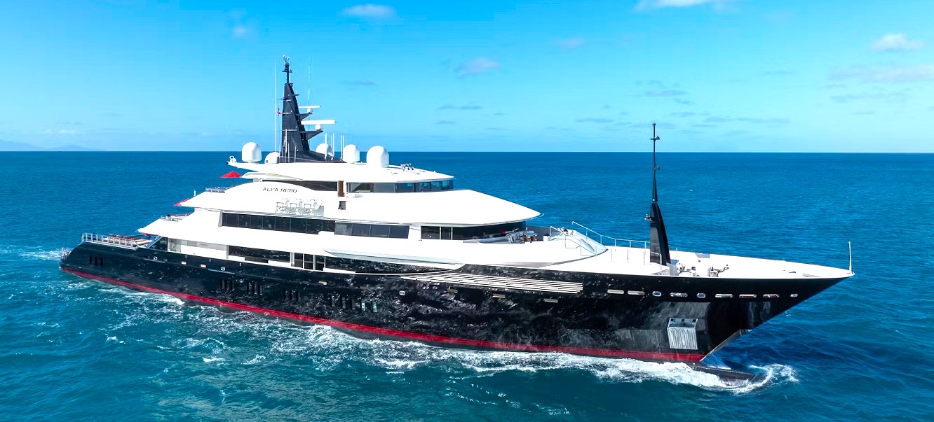 The 82m Oceanco Alfa Nero megayacht returns to market for £76.3m after a lavish refit, boasting an infinity pool, glass lift, spa suites, cinema and luxury water toys.