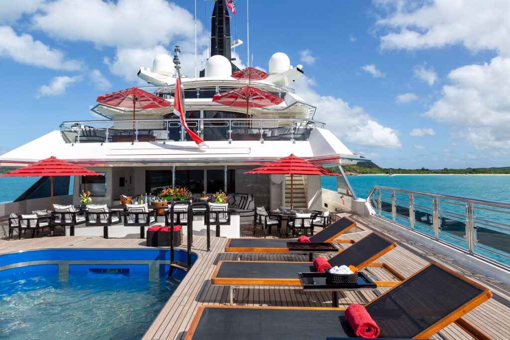 The 82m Oceanco Alfa Nero megayacht returns to market for £76.3m after a lavish refit, boasting an infinity pool, glass lift, spa suites, cinema and luxury water toys.