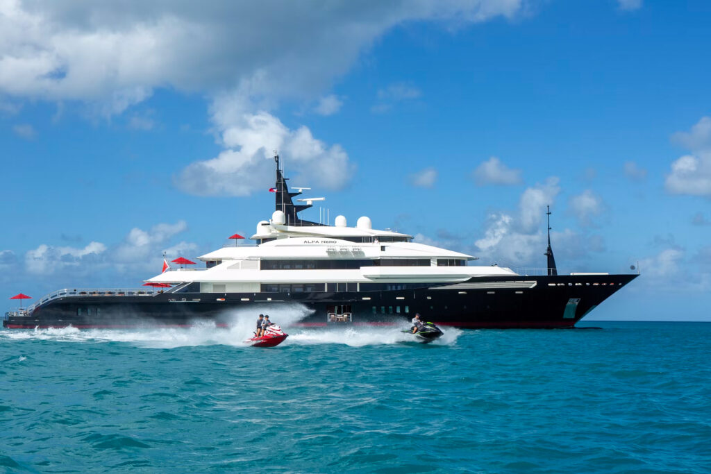 The 82m Oceanco Alfa Nero megayacht returns to market for £76.3m after a lavish refit, boasting an infinity pool, glass lift, spa suites, cinema and luxury water toys.