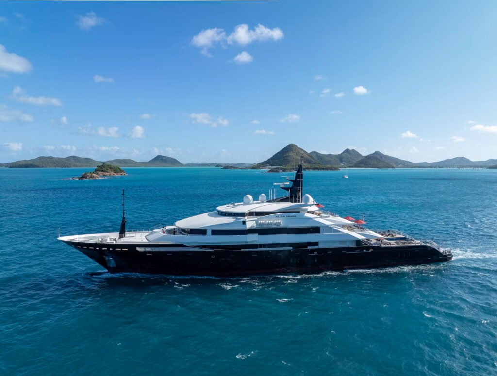 The 82m Oceanco Alfa Nero megayacht returns to market for £76.3m after a lavish refit, boasting an infinity pool, glass lift, spa suites, cinema and luxury water toys.