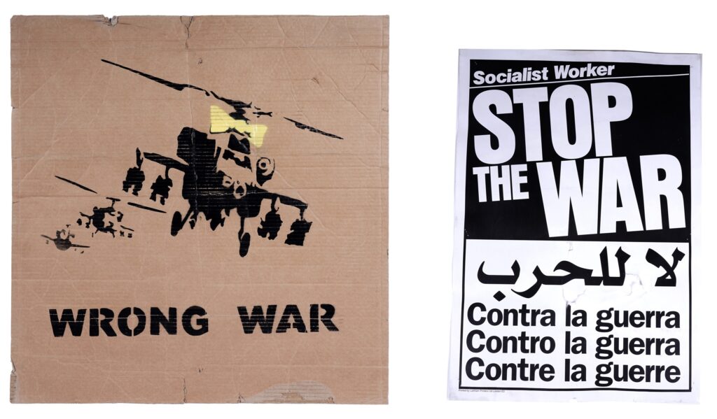 Two rare Banksy protest placards from the 2003 anti Iraq War march featuring Happy Choppers and Bomb Hugger could fetch over £10000 at auction in Newcastle.
