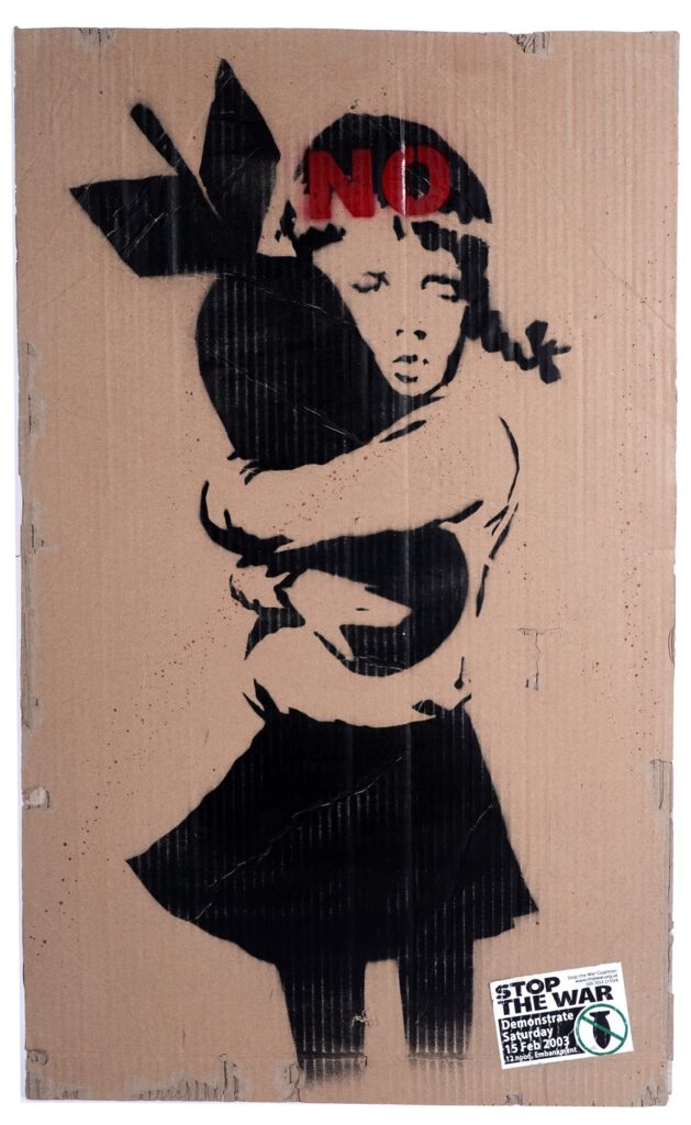Two rare Banksy protest placards from the 2003 anti Iraq War march featuring Happy Choppers and Bomb Hugger could fetch over £10000 at auction in Newcastle.