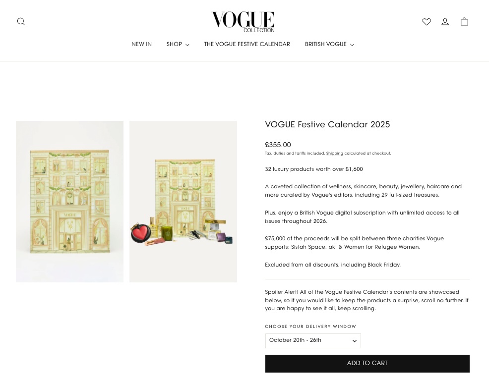 Vogue’s advent calendar is packed with over £1600 of luxury beauty, skincare and accessories for just £355, plus a year’s digital subscription and charity support.