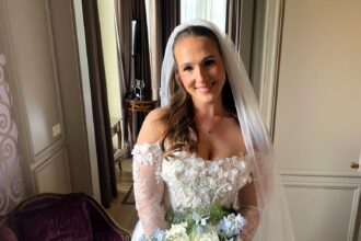 Thrifty bride saves thousands on her dream double wedding by shopping second hand on Vinted - from Jimmy Choo heels to a Tom Ford tux - proving style can be sustainable.