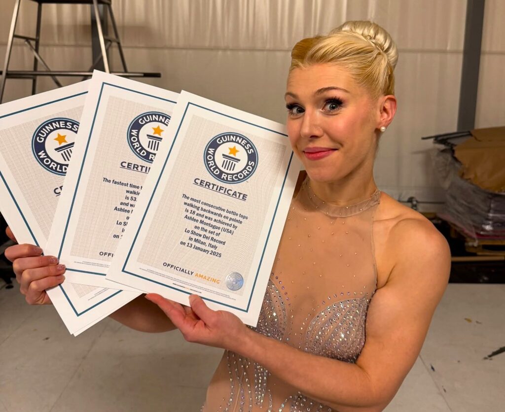 Ballerina Ashlee Rose Montague stuns viewers by walking en pointe across seven champagne bottles, earning Guinness World Records and millions of views for her daring skill.